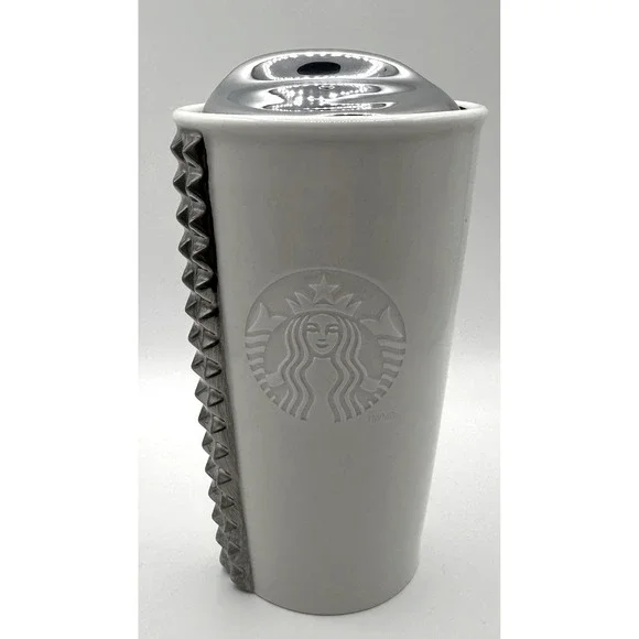 Starbucks 2014 Triangle Studded Ceramic Travel Tumbler 10oz White Silver Lid - Picture 1 of 5